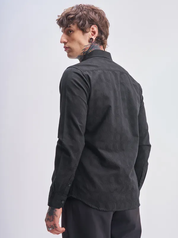 Highlander Men Black Self Design Slim Fit Casual Shirt