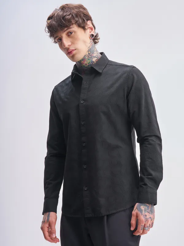 Highlander Men Black Self Design Slim Fit Casual Shirt