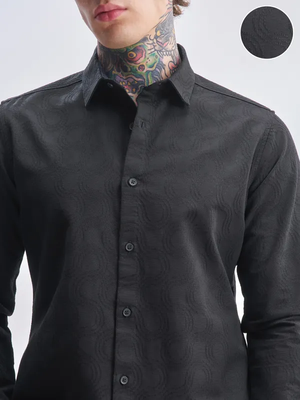 Highlander Men Black Self Design Slim Fit Casual Shirt