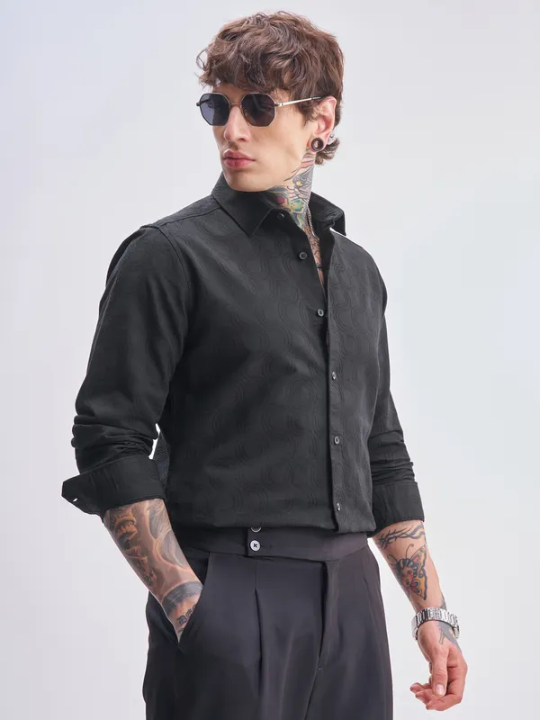 Highlander Men Black Self Design Slim Fit Casual Shirt