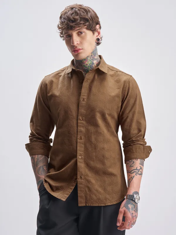 Highlander Men Brown Self Design Slim Fit Casual Shirt