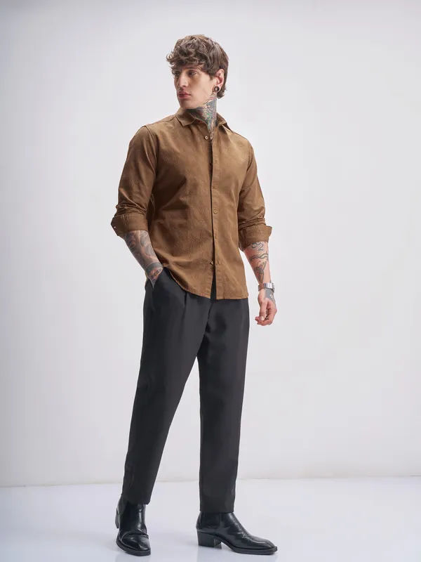 Highlander Men Brown Self Design Slim Fit Casual Shirt
