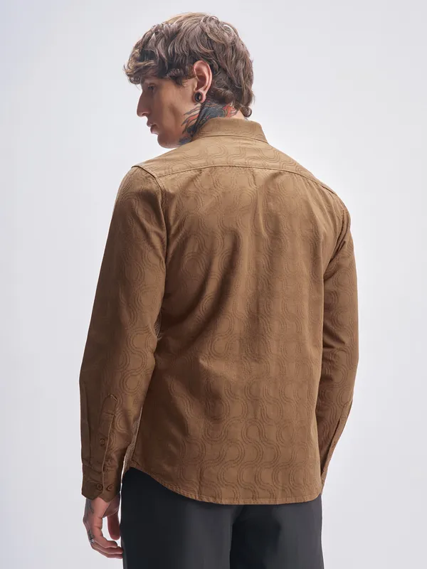 Highlander Men Brown Self Design Slim Fit Casual Shirt