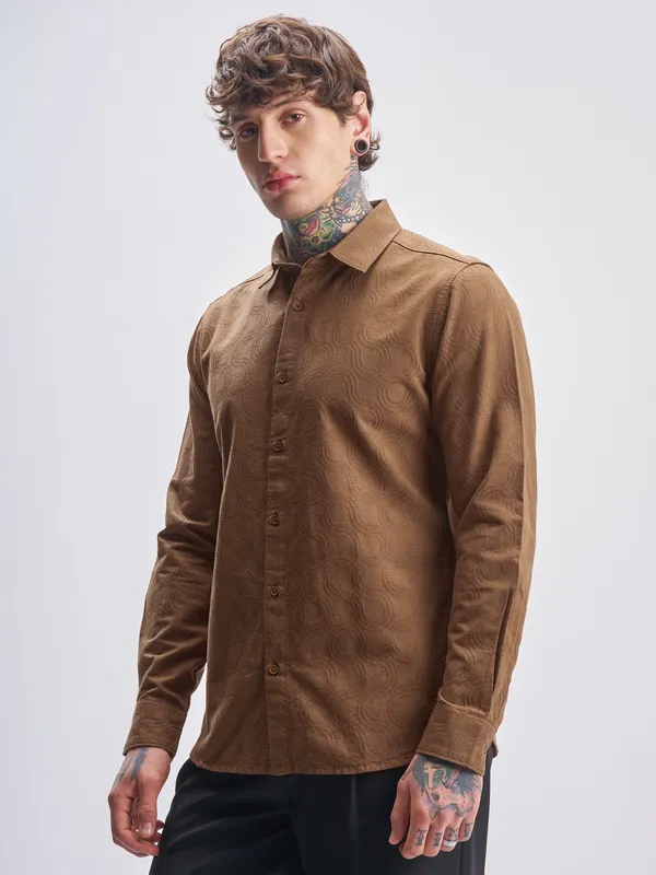 Highlander Men Brown Self Design Slim Fit Casual Shirt