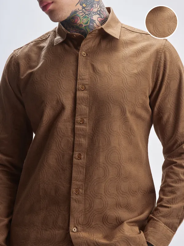 Highlander Men Brown Self Design Slim Fit Casual Shirt