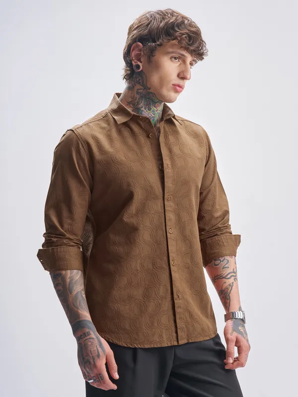 Highlander Men Brown Self Design Slim Fit Casual Shirt