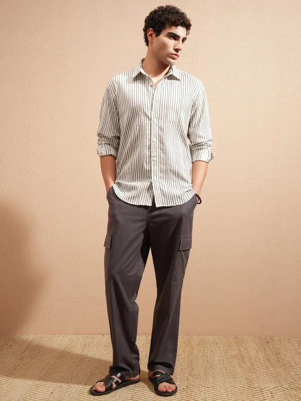 Highlander Men Cream Striped Relaxed Fit Casual Shirt