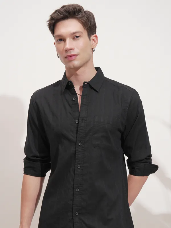 Highlander Men Black Self Design Slim Fit Casual Shirt