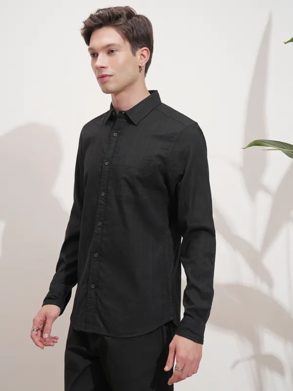 Highlander Men Black Self Design Slim Fit Casual Shirt