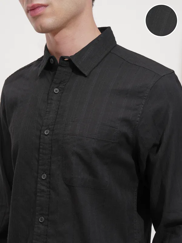 Highlander Men Black Self Design Slim Fit Casual Shirt