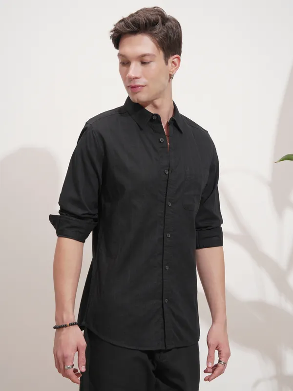 Highlander Men Black Self Design Slim Fit Casual Shirt