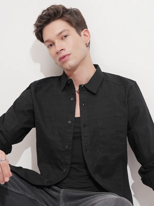 Highlander Men Black Self Design Slim Fit Casual Shirt