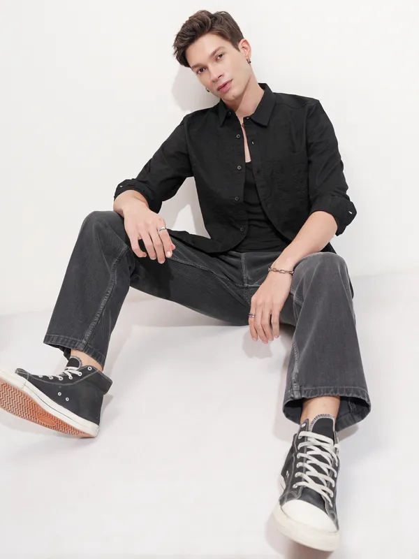 Highlander Men Black Self Design Slim Fit Casual Shirt