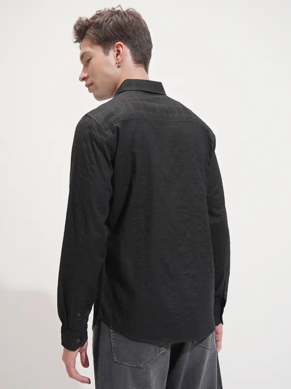 Highlander Men Black Self Design Slim Fit Casual Shirt