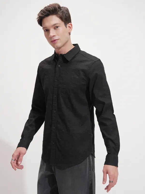 Highlander Men Black Self Design Slim Fit Casual Shirt