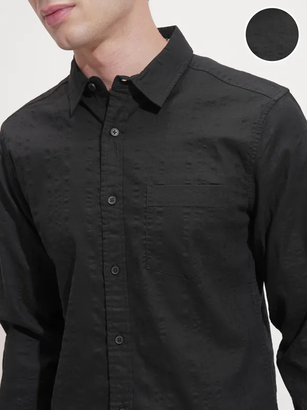 Highlander Men Black Self Design Slim Fit Casual Shirt