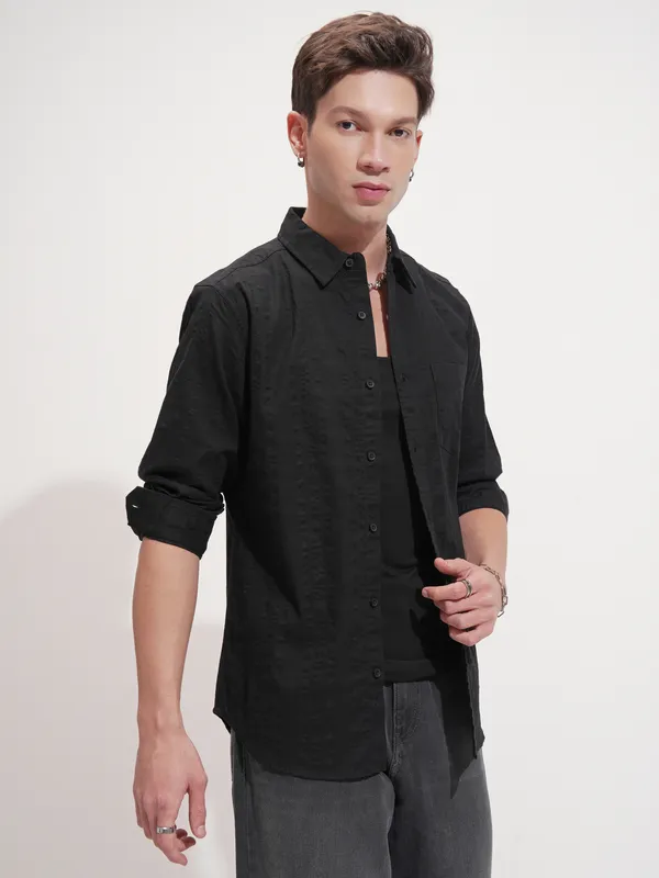 Highlander Men Black Self Design Slim Fit Casual Shirt