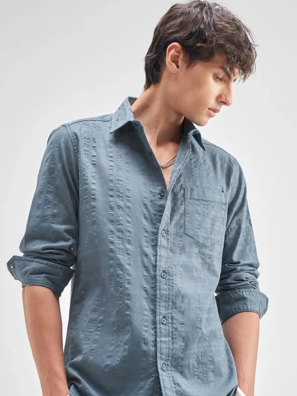 Highlander Men Blue Self Design Regular Fit Casual Shirt