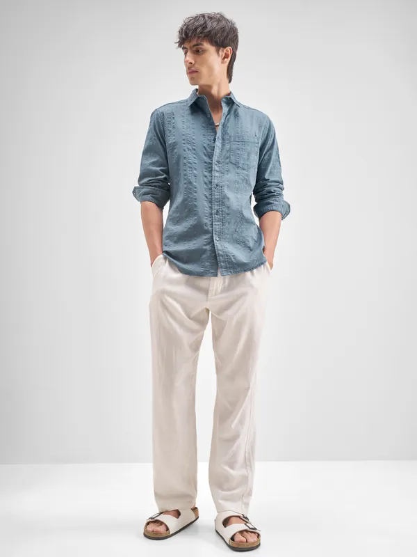 Highlander Men Blue Self Design Regular Fit Casual Shirt