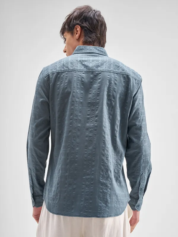 Highlander Men Blue Self Design Regular Fit Casual Shirt