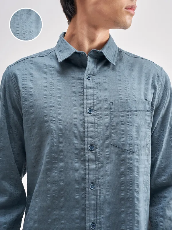 Highlander Men Blue Self Design Regular Fit Casual Shirt