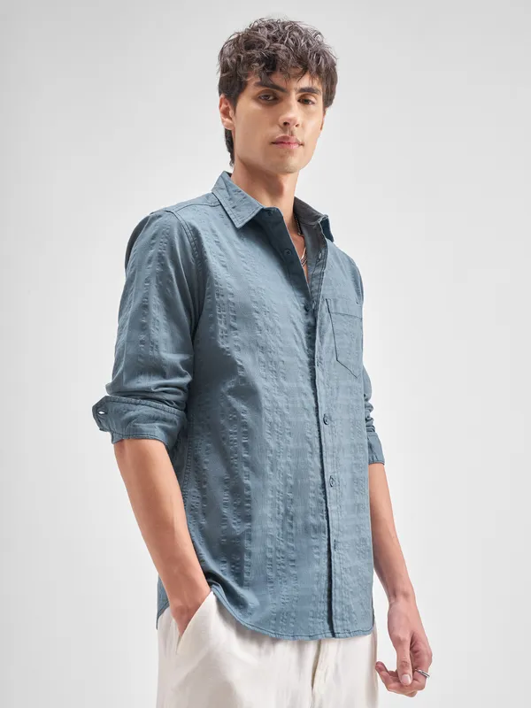 Highlander Men Blue Self Design Regular Fit Casual Shirt