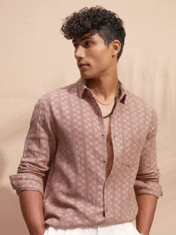 Highlander Men Copper Self Design Relaxed Fit Casual Shirt