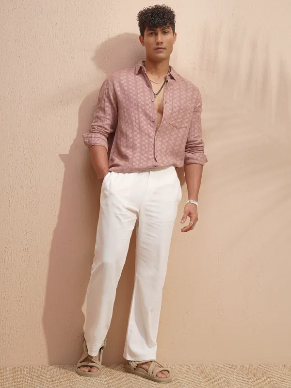 Highlander Men Copper Self Design Relaxed Fit Casual Shirt