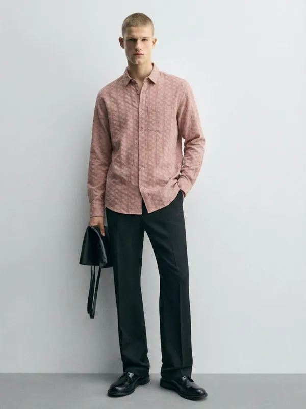 Highlander Men Copper Self Design Relaxed Fit Casual Shirt