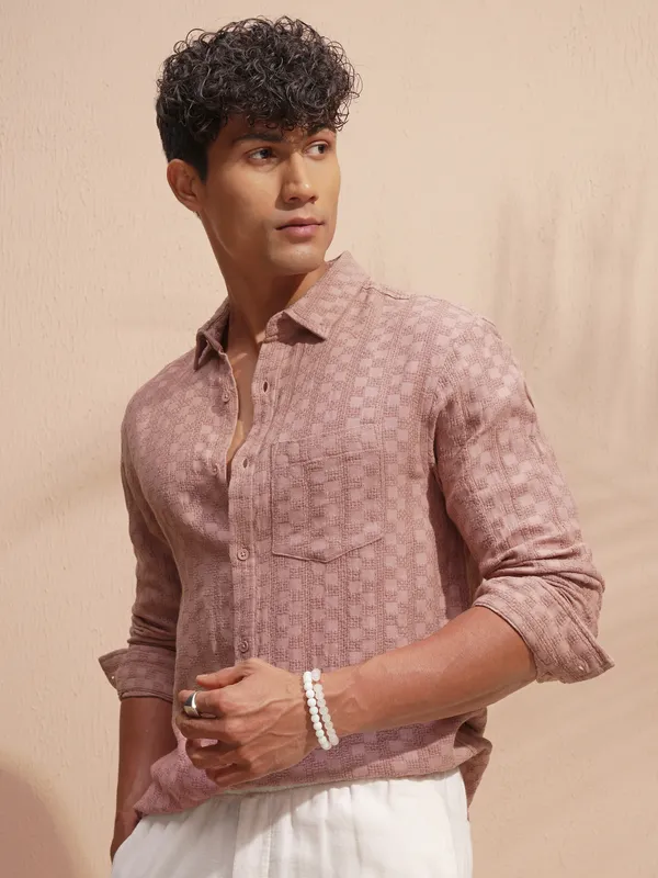 Highlander Men Copper Self Design Relaxed Fit Casual Shirt