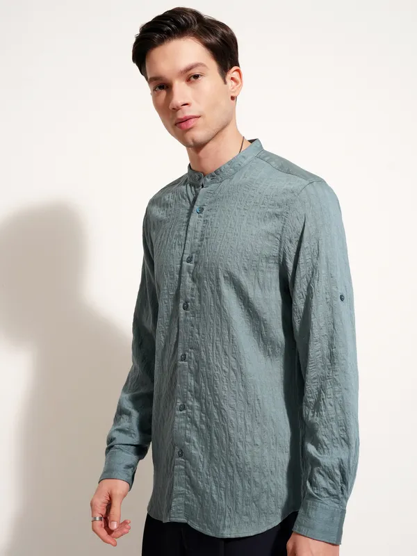 Highlander Men Blue Self Design Slim Fit Casual Shirt