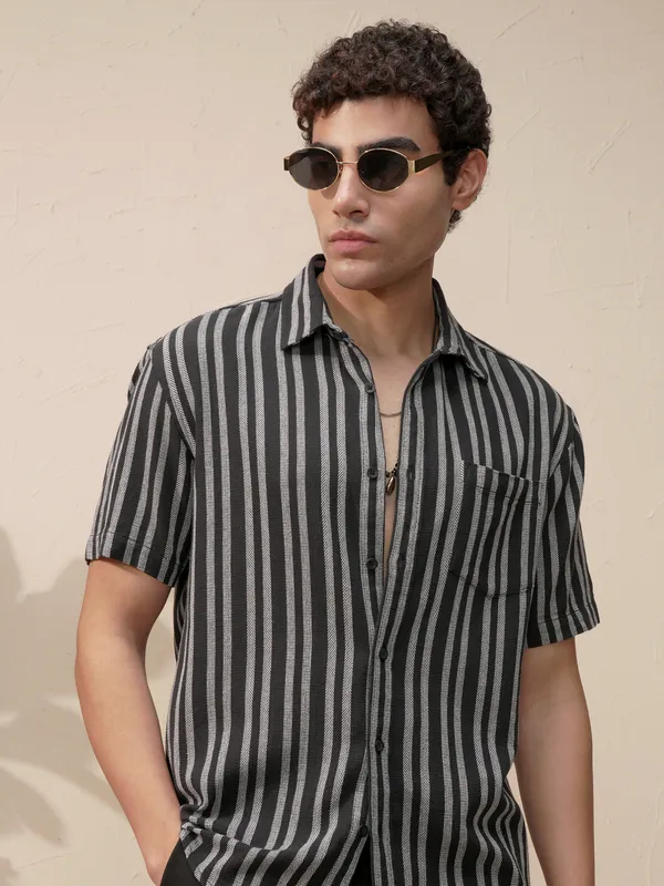 Highlander Men Black Striped Relaxed Fit Casual Shirt