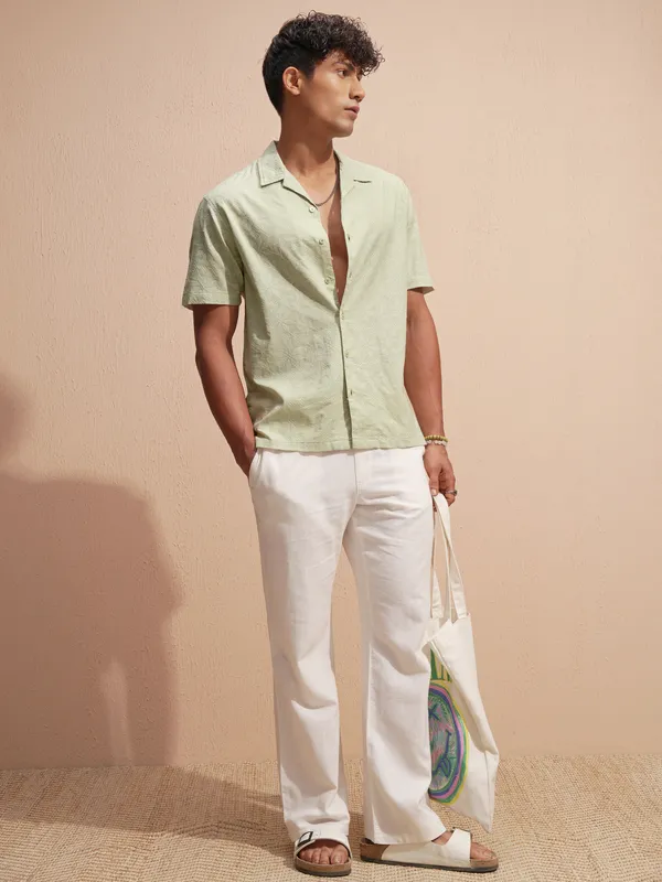 Highlander Men Green Self Design Relaxed Fit Casual Shirt