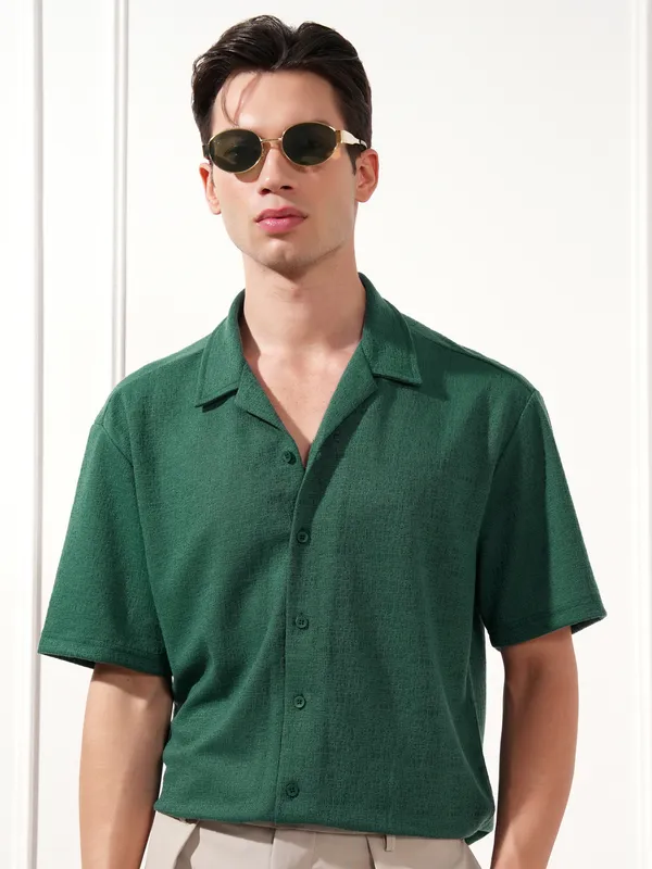 Highlander Men Teal Self Design Relaxed Fit Casual Shirt