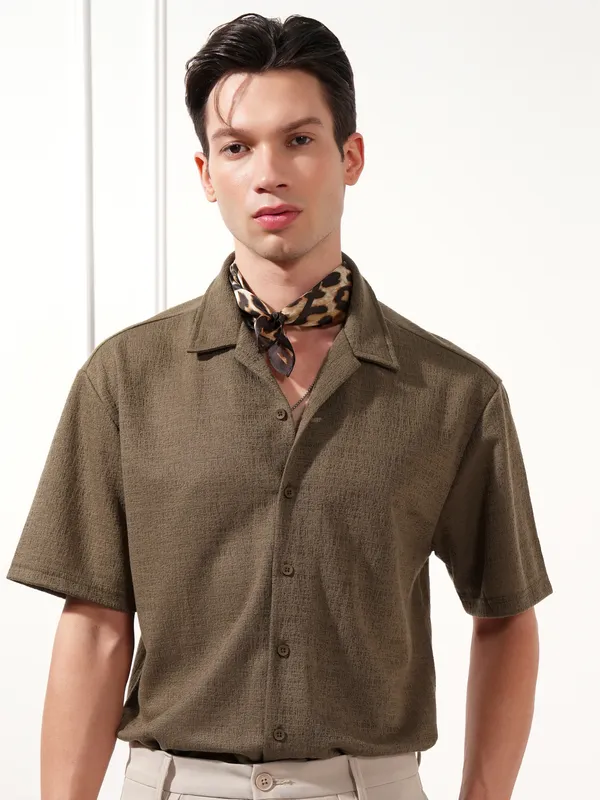 Highlander Men Brown Self Design Relaxed Fit Casual Shirt