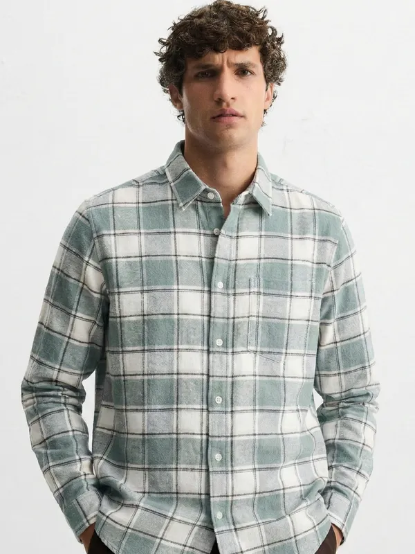 Highlander Men Sage Checked Slim Fit Casual Shirt