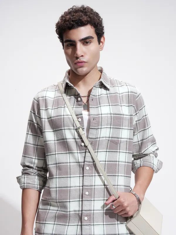 Highlander Men Tan Checked Slim Fit Casual Shirt