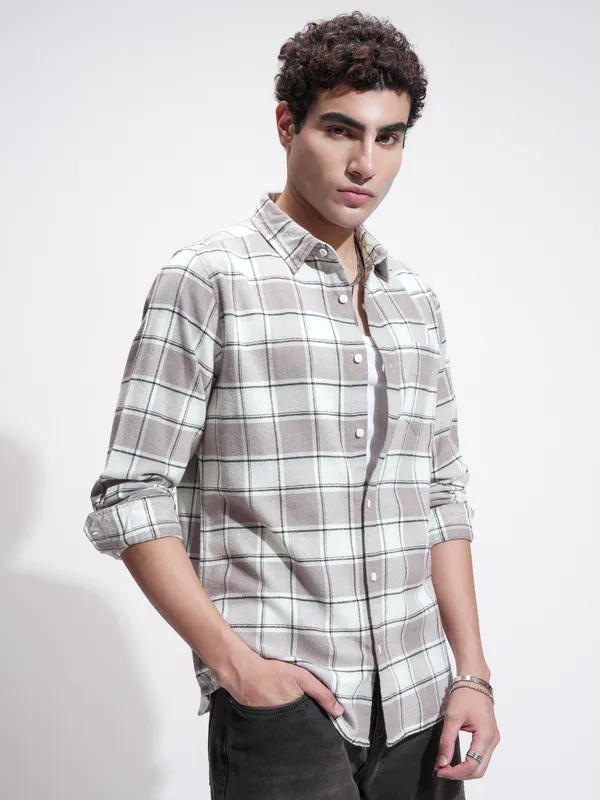 Highlander Men Tan Checked Slim Fit Casual Shirt