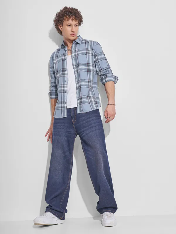 Highlander Men Blue Checked Slim Fit Casual Shirt