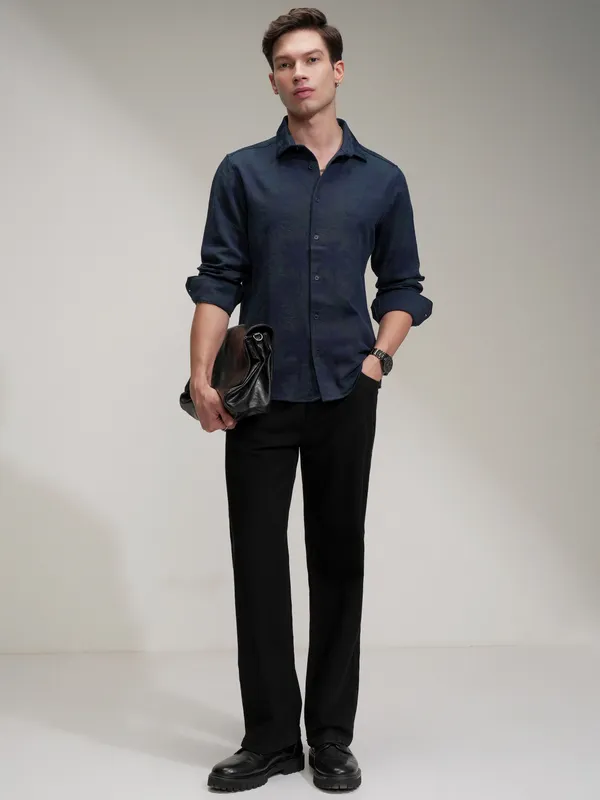 Highlander Men Navy Blue Self Design Slim Fit Casual Shirt