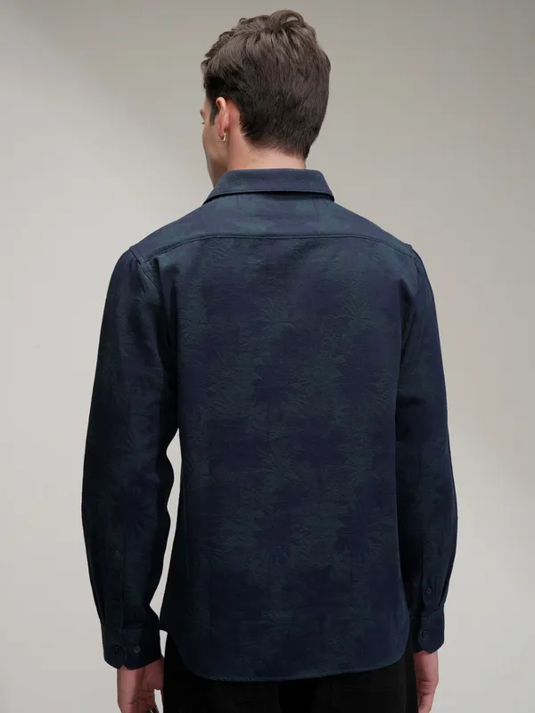 Highlander Men Navy Blue Self Design Slim Fit Casual Shirt