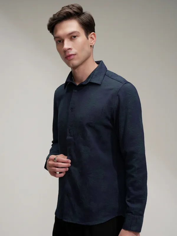 Highlander Men Navy Blue Self Design Slim Fit Casual Shirt