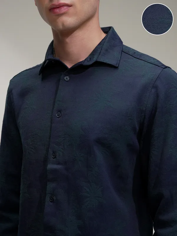 Highlander Men Navy Blue Self Design Slim Fit Casual Shirt