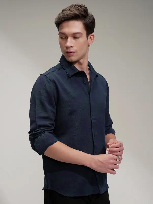 Highlander Men Navy Blue Self Design Slim Fit Casual Shirt