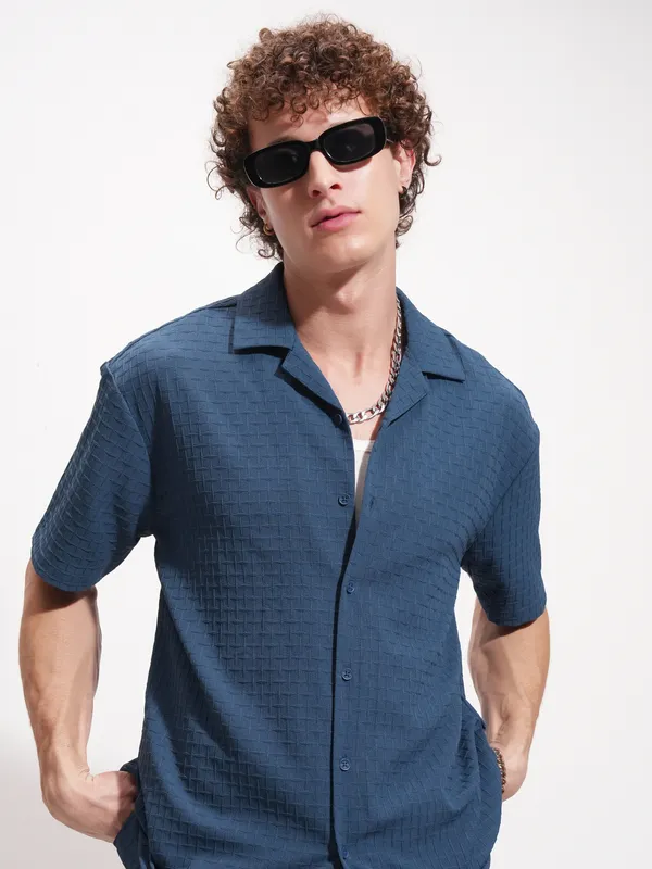 Highlander Men Navy Blue Self Design Relaxed Fit Casual Shirt