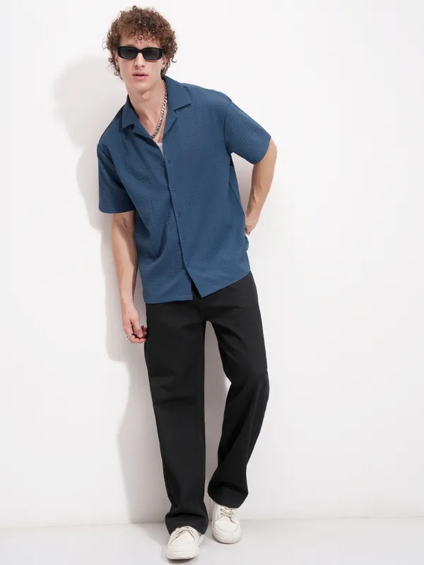 Highlander Men Navy Blue Self Design Relaxed Fit Casual Shirt