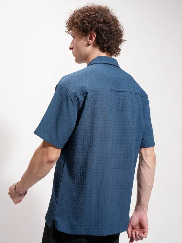 Highlander Men Navy Blue Self Design Relaxed Fit Casual Shirt