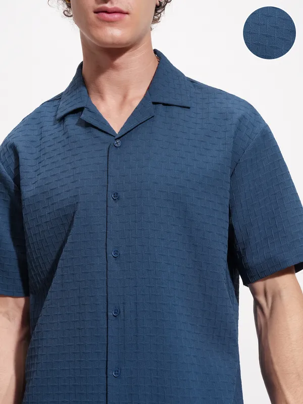 Highlander Men Navy Blue Self Design Relaxed Fit Casual Shirt