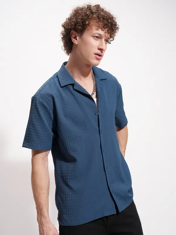 Highlander Men Navy Blue Self Design Relaxed Fit Casual Shirt