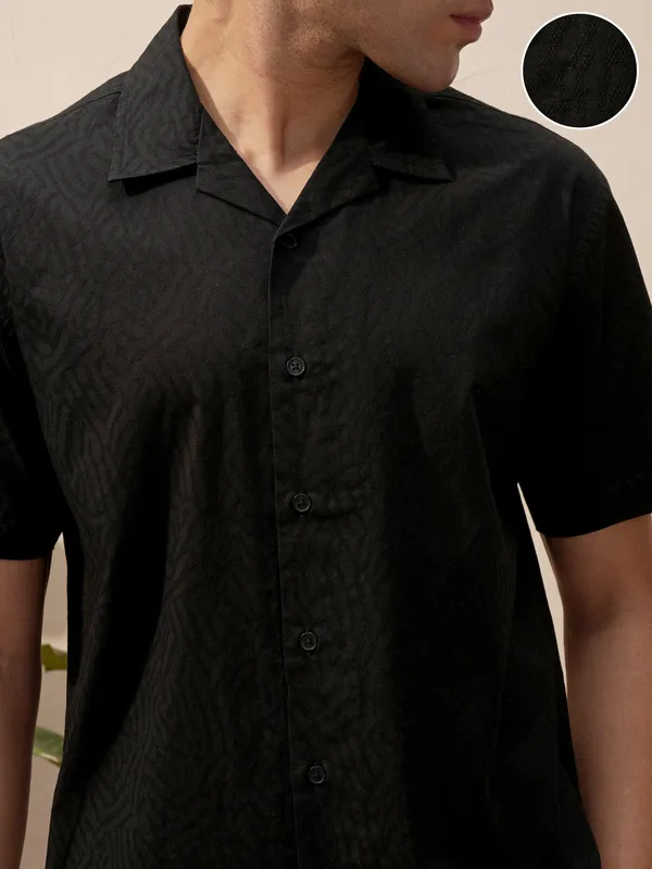 Highlander Men Black Self Design Relaxed Fit Casual Shirt